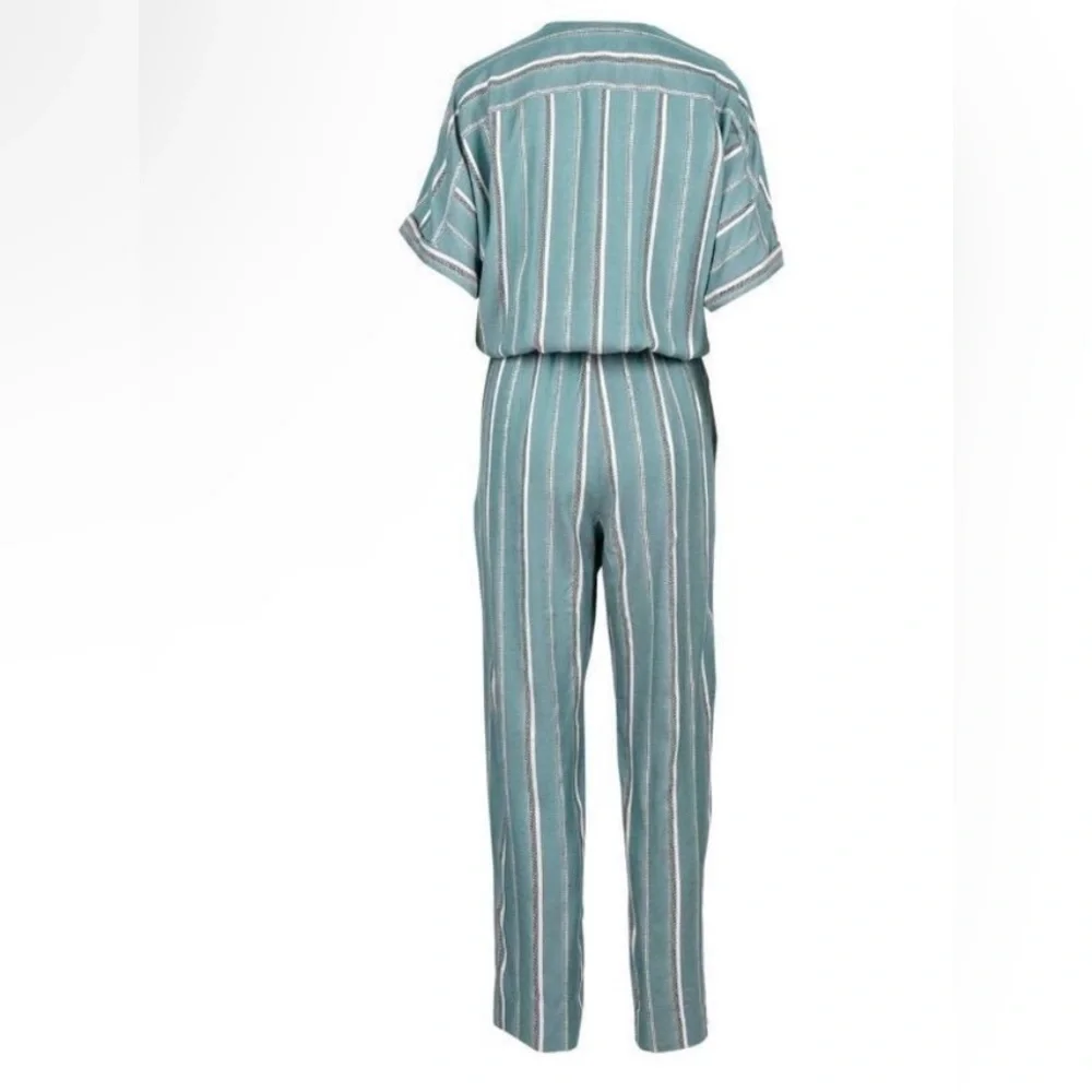Maje Pandora Woven Stripe Twill Jacquard Jumpsuit Sz 34 / XS / 2 Aqua teal ASO